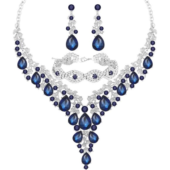 🆕Women Blue Crystal Jewelry Statement Choker Necklace Earrings Bracelets Set - Picture 1 of 4